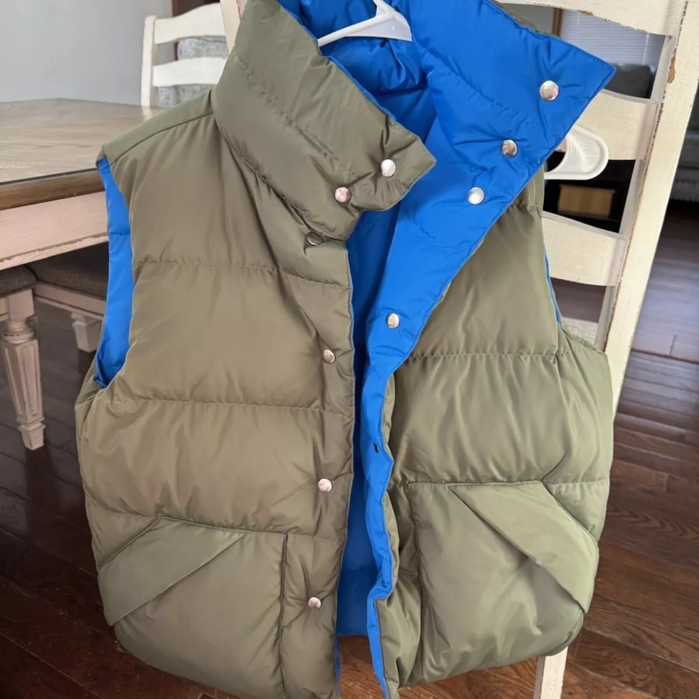 Tory Burch Reversible Down Vest   Color: Scuba Blue / Light Olive Size: S